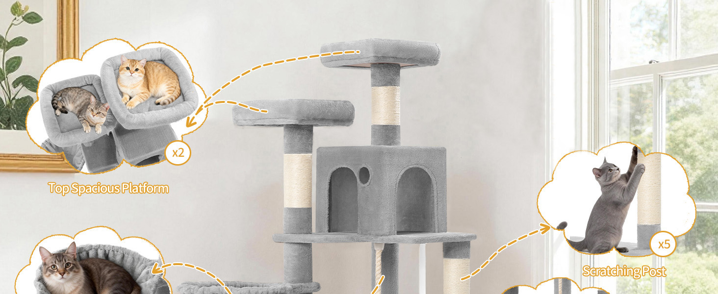 Кігтеточка для котів Hzuaneri, 174 см, XL, 2 платформи, 2 печери, 4 стовпчики, дошка для шліфування кігтів, мотузка з сизалю, плюшеві кульки, сірий колір, для кількох котів MS17418LG