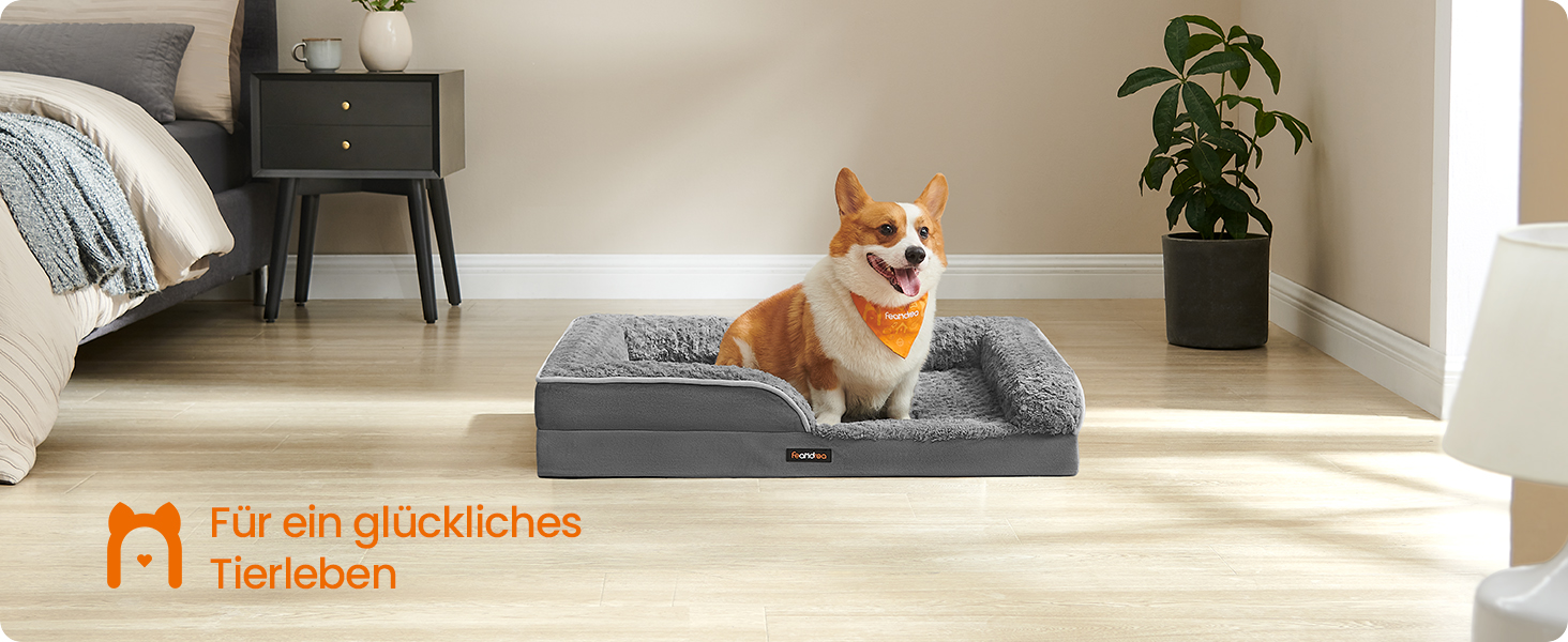 Ортопедичне ліжко для собак Feandrea середнього розміру, вологостійке, знімний плюшевий чохол, 91 x 68 x 16 см, сірий PGW252G02 L