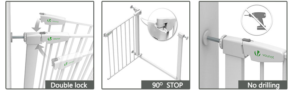 Захист для сходів Vounot без свердління, 75-108 см, для дітей, собак та котів, автоматичне закриття, магнітний замок, 90° фіксація, білий (2x подовжувач)