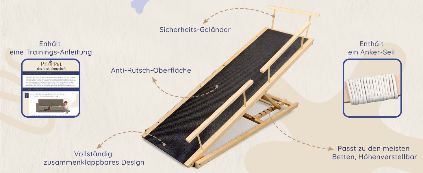 Сходинки для собак PRIORPET з берези з захисним бар'єром - регульована висота до 94.5 см - складаються - антиковзні ручки - для маленьких собак до 23 кг - коричневий (натуральний)