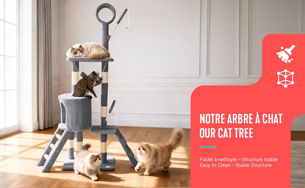 Кігтеточка для котів Vounot® 112 см, багатоярусна, з платформами, печерою та іграшками (сірий)