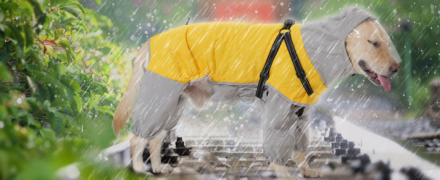 Водонепроникний дощовик для собак Lianzimau з прозорою капузоном. Відбиваючий дощовик для собак з ніжками для маленьких, середніх та великих собак. Жовтий, XXL