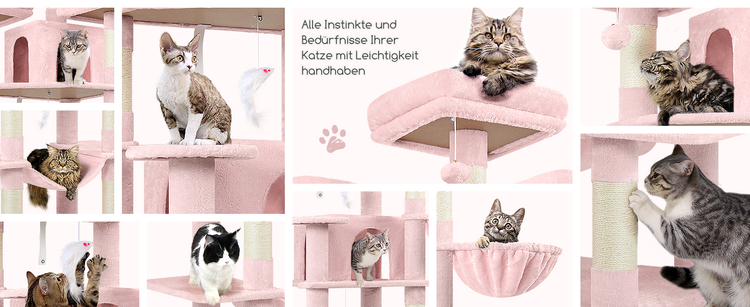 Розкішна когтеточка Globlazer XXL для великих і кількох котів, 204 см, з будиночками, гамаками та м'якими сидіннями (рожева)