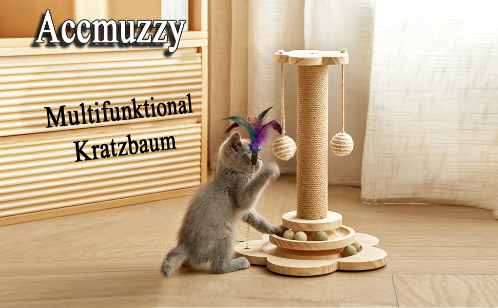 Іграшка для котів Accmuzzy 4 в 1: дерев'яна, з сизалевим мотузком, когтеточка з підвісними м'ячиками та котячою м'ятою (29 x 46 см)