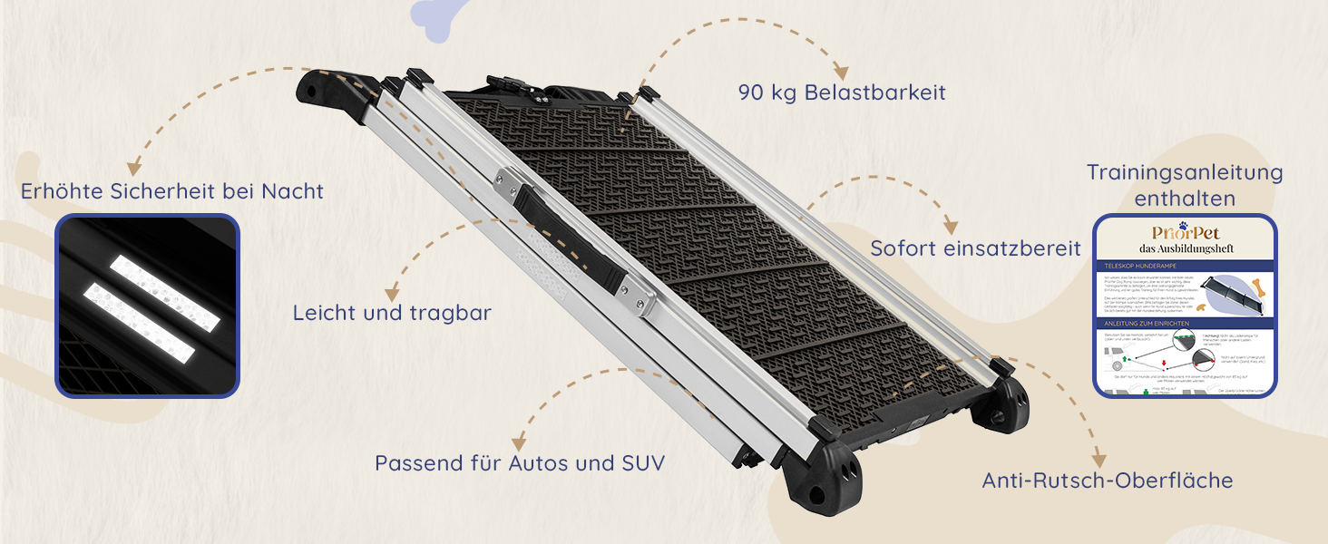 Рампа для собак у машину, складна, стабільна, до 90 кг, телескопічна, алюмінієва, для великих собак, з відбивачами, сірого кольору Shadow Gray