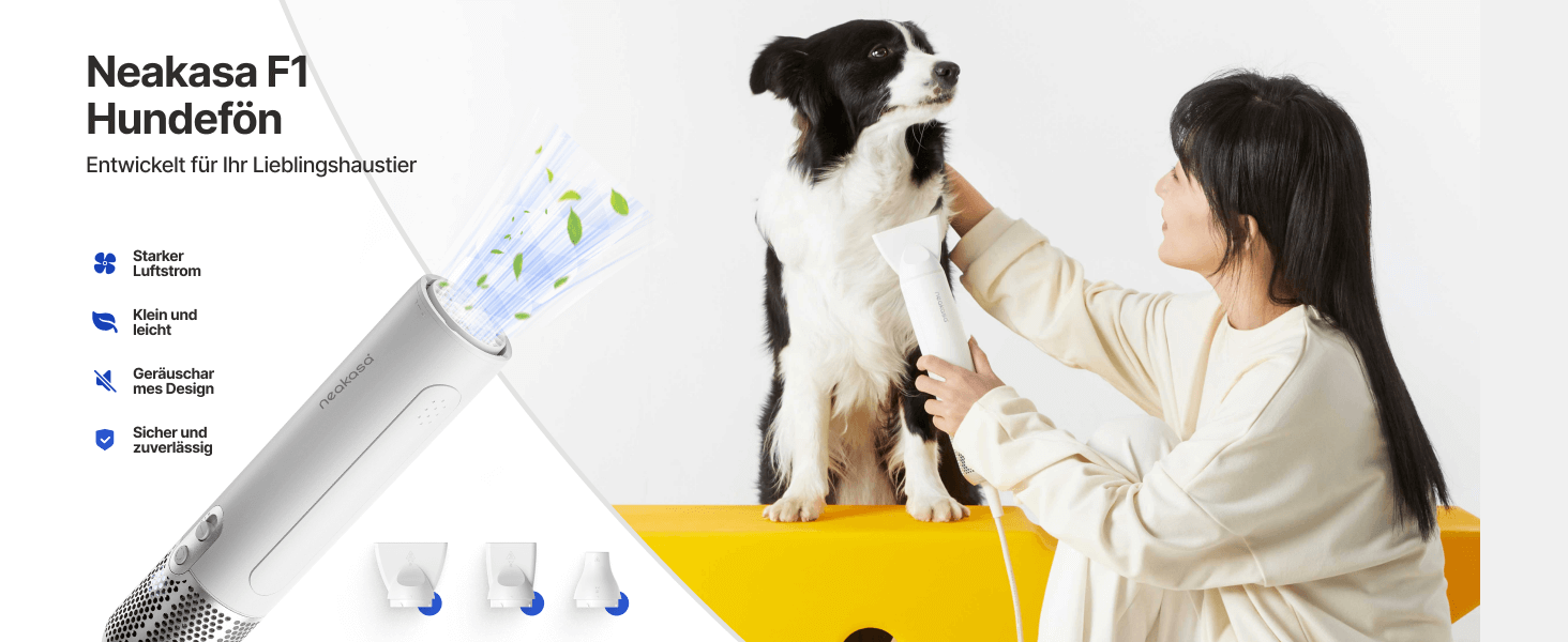 Neakasa F1 - портативний фен для собак, сушарка для тварин, тиха, з регулюванням швидкості та 3 насадками (білий)
