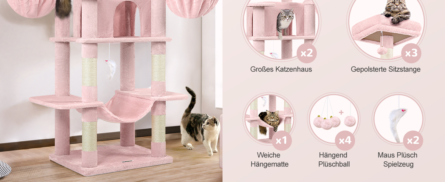 Розкішна когтеточка Globlazer XXL для великих і кількох котів, 204 см, з будиночками, гамаками та м'якими сидіннями (рожева)