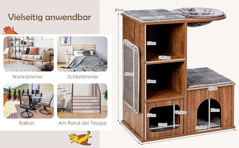 Котячий будиночок GYMAX з когтеточкою 81 см: дерев'яні меблі для котів з когтеточкою, лежаками, гамаком та 2 печерами, до 20 кг