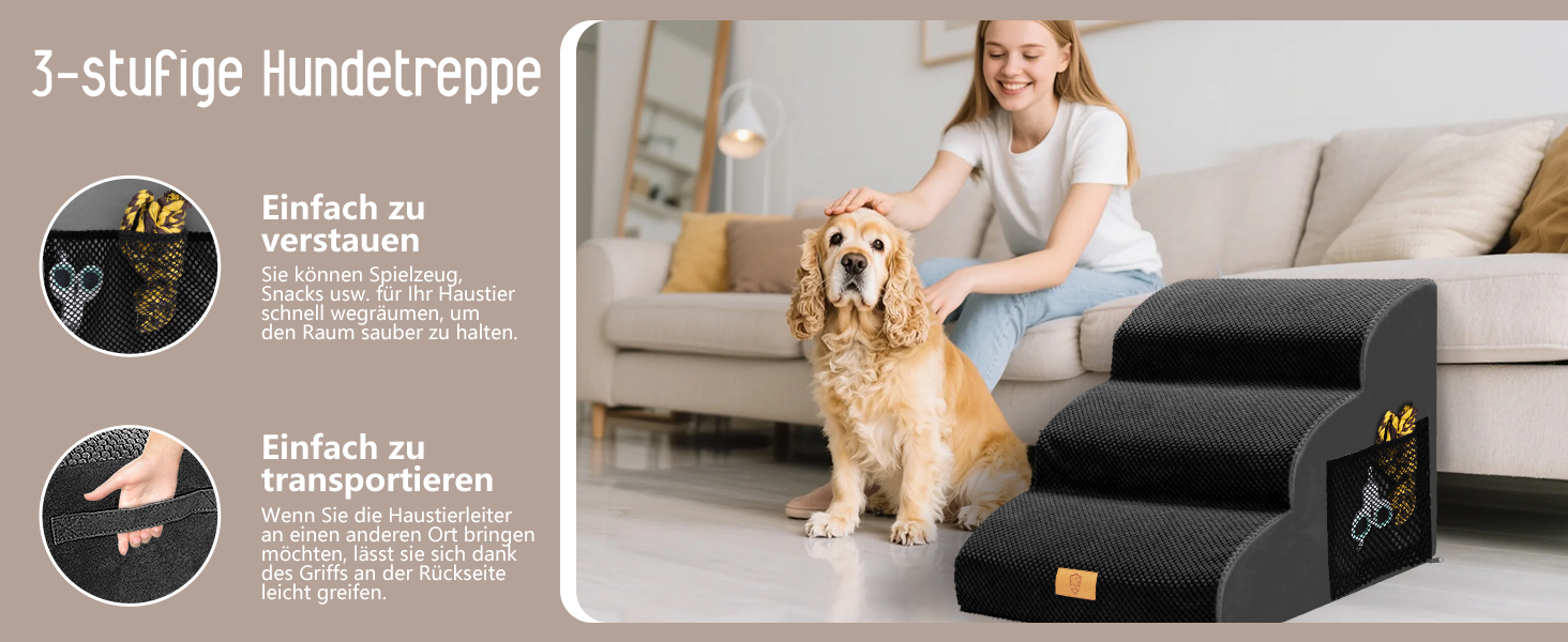 Сходинки для собак, 4 ступені, знімний поручень, неслизьке покриття, для ліжка та дивану, з високощільним губчастим наповнювачем (чорний)