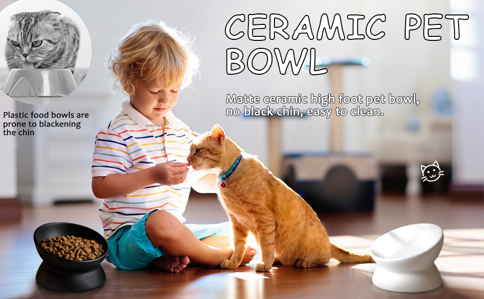 Підвищений годівниця для котів, кераміка, піднятий та нахилений годівниця, проти блювоти, без стресу, для котів та маленьких собак, 150 мл, чорний, 1 шт.