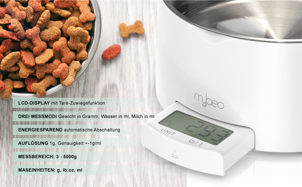 Миска для корму та води з нержавіючої сталі з вбудованими терезами для собак та котів - до 5 кг, знімний об'єм 1000 мл, функція тарування, LCD дисплей, для Барфа, миска для годування