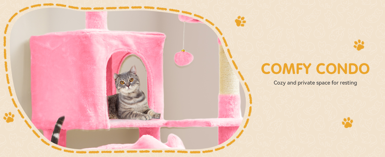 Кігтеточка YITAHOME для котів, велика, 190 см, з 8 стовпів з сизалю, 3 платформи, 2 печери, кошик, гамак, м'ячики, дошка для шліфування кігтів, рожева