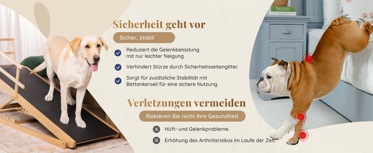 Сходинки для собак до ліжка з поручнями - для великих собак до 90 кг - регульована висота до 94.5 см - ширина 49.5 см - складаються - антиковзні ручки - з натурального березового дерева - колір натуральний