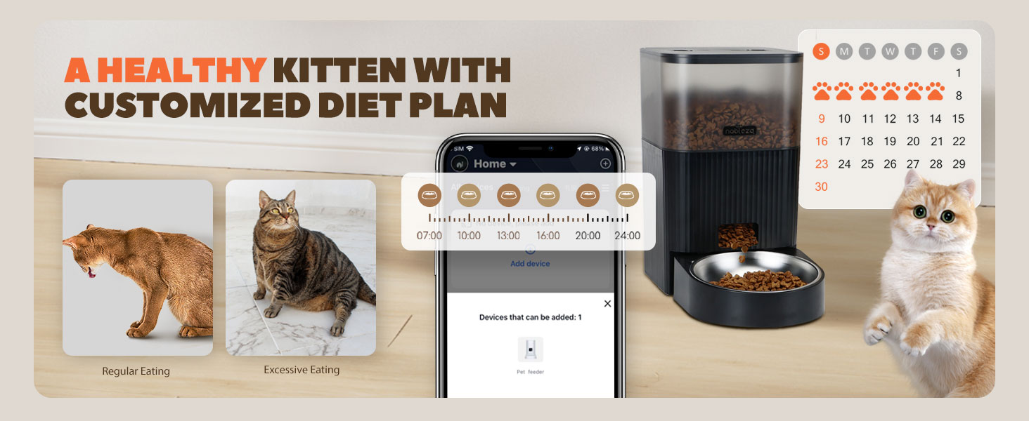 Автоматичний годівниця для котів та собак Nobleza з Wi-Fi, 4.2L, таймер, 10S запис голосу, 1-10 порцій, миска з нержавіючої сталі та пакетик силікагелю, чорний