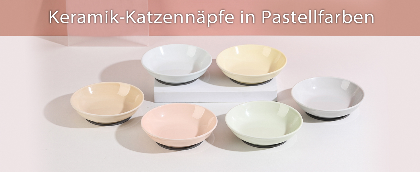 Набори мисок для котів з кераміки Katzennäpfe - 6 шт. Миски для корму котів у пастельних тонах. Широкі, плоскі, з міні-силіконовими подушечками. Підходять для мікрохвильової печі та мийки. Об'єм 250 мл, 6 кольорів