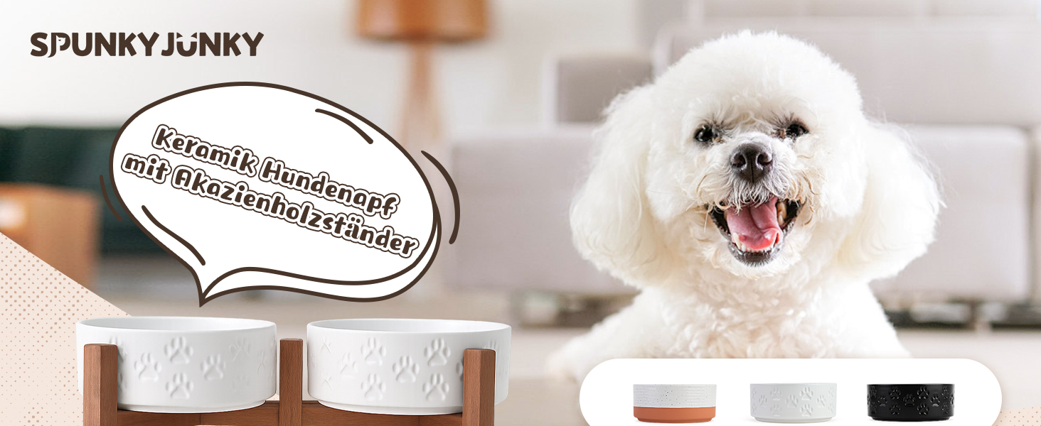 Миска для собак SpunkyJunky з кераміки, подвійна, на підставці з акації, 1800 мл, біла