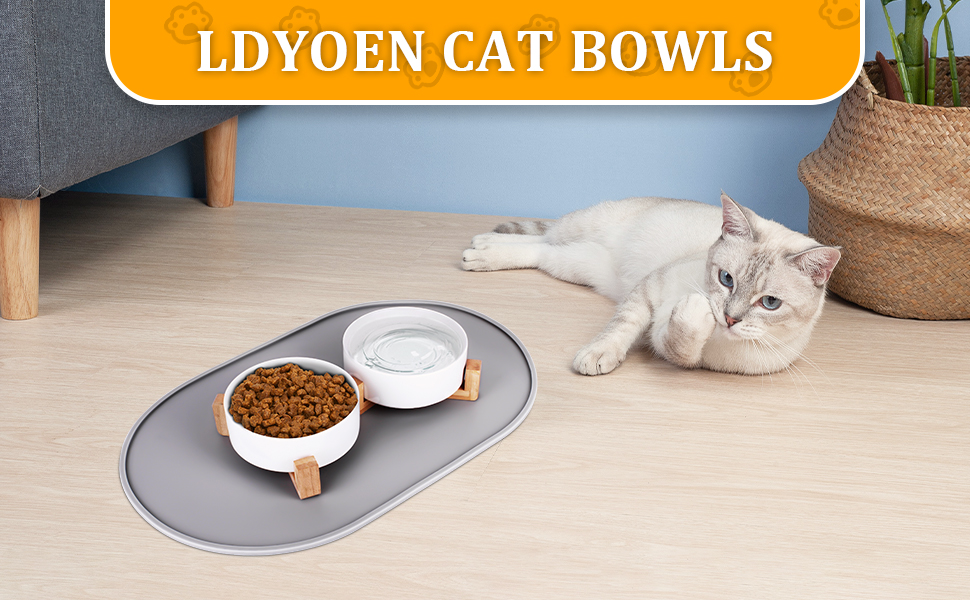 Набір мисок для котів 2 шт. з кераміки з підставкою з бамбука та силіконовим килимком - 2 x 400 мл