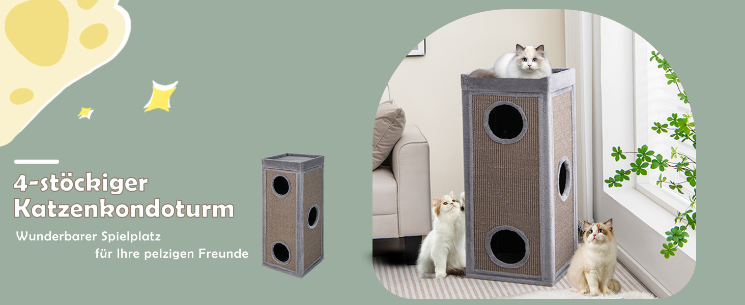 Кігтеточка GYMAX 40x40x99 см, 4-ярусна кігтеточка-будиночок з 3 печерами, знімні плюшеві подушки та 2 когтеточки, стійка кігтеточка для котів, сіра