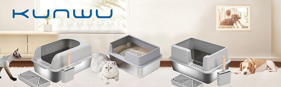 Кунву Лоток для котів з нержавіючої сталі, 50,8 x 35,6 x 20,3 см, з кришкою, легко чиститься, не вбирає запахи, напівзакритий лоток з міткою (Сірий Сантас, 50,8 x 35,6 x 20,3 см)