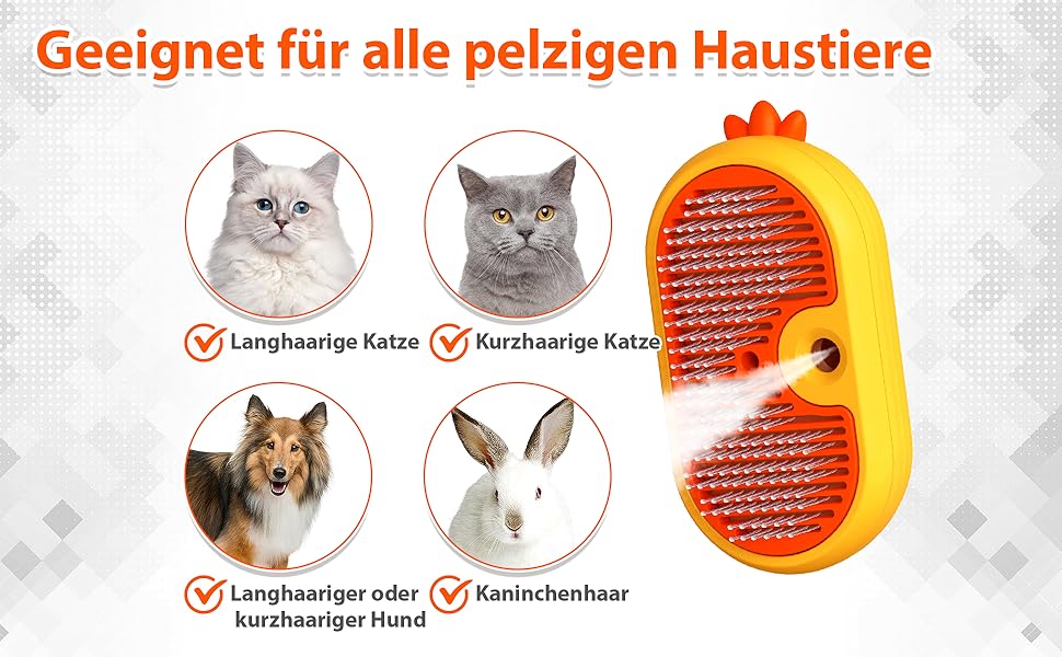 Парфумерна щітка для котів з розпилювачем, 4-в-1: видалення шерсті, масаж, розпилення, самоочищення, водонепроникна (IPX7), білий колір з жовтим руків'ям