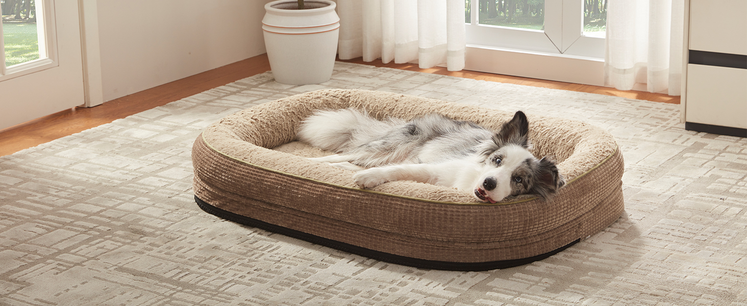 Ортопедичне ліжко для собак великих та середніх порід, XL, з м'якою подушкою для шиї, Memory Foam, вологостійке, неслизьке, знімний кошик, сірий, 107 x 81 x 19 см