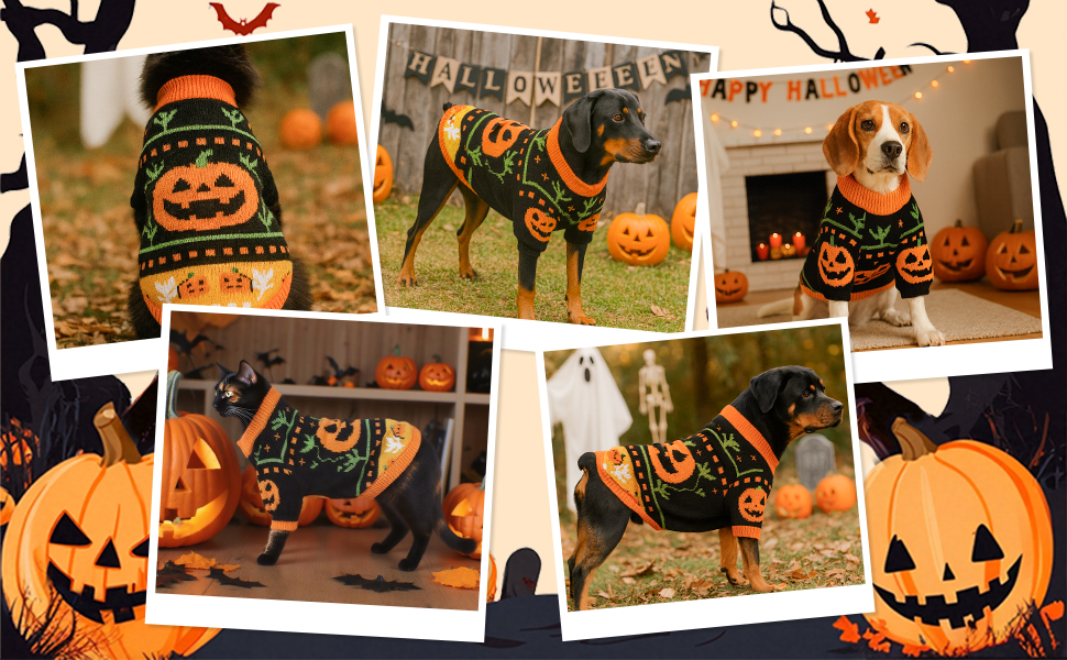 Пуловер на Halloween для собак та котів, з мотивом гарбуза та черепа, трикотажний, для маленьких, середніх та великих собак, Yorkie, Chihuahua, Zwergspitz, розмір L