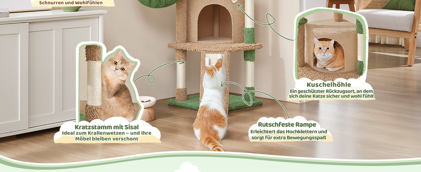 Дім-когтеточка для котів Yaheetech Kaktus: стабільна конструкція, оглядові платформи, печера, лежанка, сизаль, бежево-коричневий (коричнево-зелений, M)