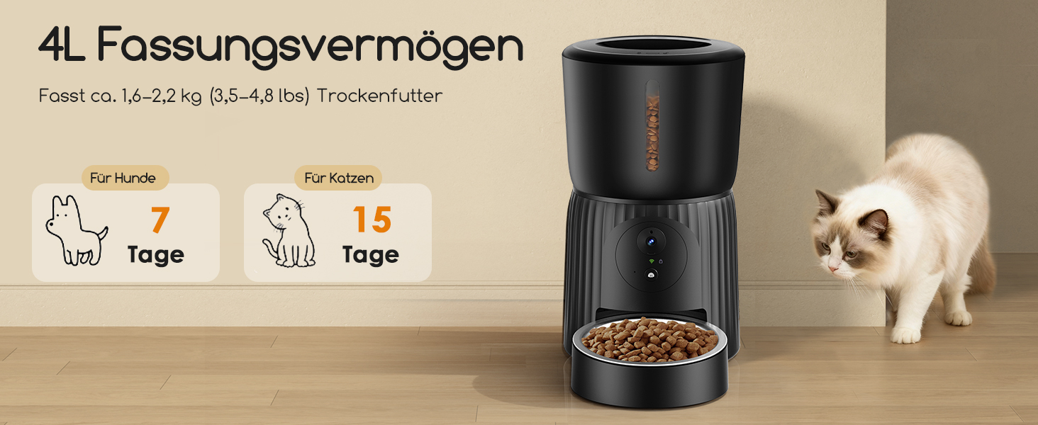 Автомат годівлі для котів Faroro з Wi-Fi, 1080P HD відео, нічне бачення, 4L, для котів/собак, двосторонній аудіо, керування через APP, антиблокувальний сенсор, подвійний примус