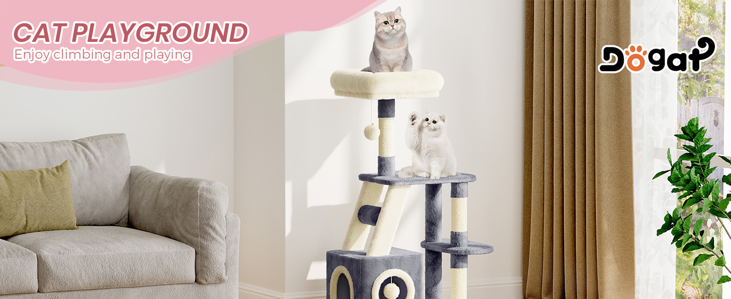Кігтеточка для котів Dogat 107 см: багатоярусна, з будиночком, лежаком та ігровими елементами (сірий/бежевий)