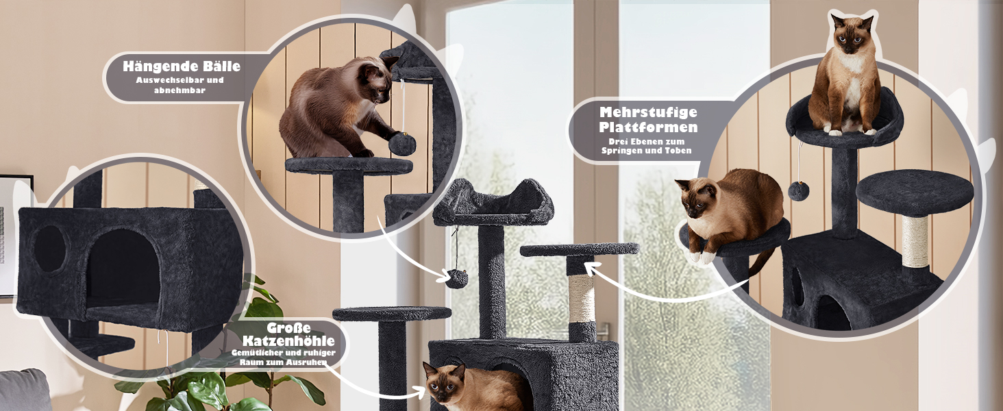 Кігтеточка-кімнатний комплекс Yaheetech 139 см, чорний, з 3 платформами, 3 стовпчиками, 2 хованками та іграшками