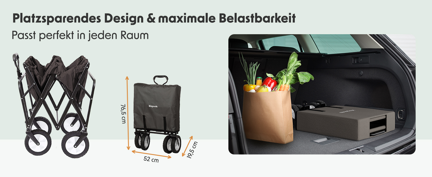 Візок-тачка LifeGoods розкладний сірий – 98x45 см, 94 л, поворотні колеса