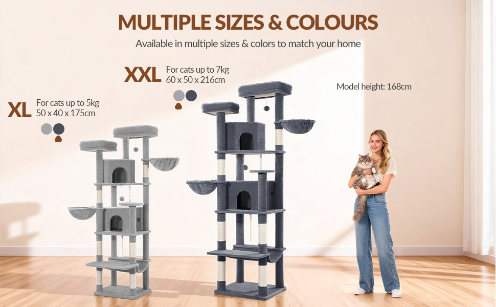 Драбина для котів Kratzbaum Groß 216 см, XXL розмір, стабільна з крізьолунами, 2 затишні будиночки, 2 платформи, 2 кошики, гамак, для дому, FPMS007FG1 (60 x 50 x 216 см, темно-сірий)