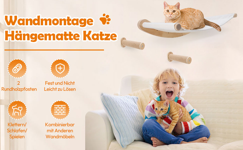 Настінна гамак для котів, комплект для лазіння з масиву дерева з котячою сходинкою - стабільне котяче ліжко, економне місце для сну, лазіння та відпочинку (гамак для котів + 2 сходинки)