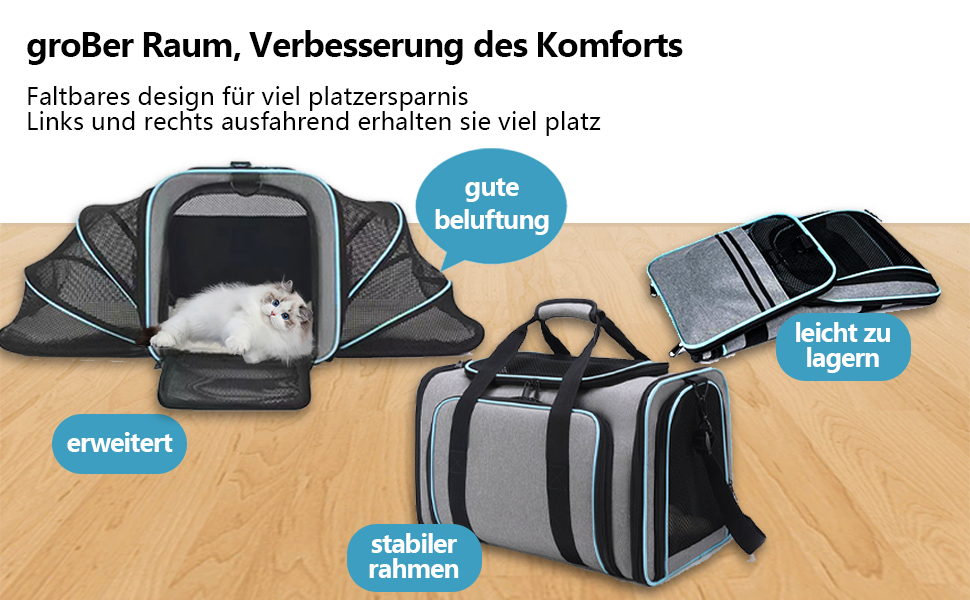 Транспортна переноска для котів та собак, велика, 46x28x29 см, розширювана, сіра. Підходить для котів, собак, цуценят, авіаперевезень.