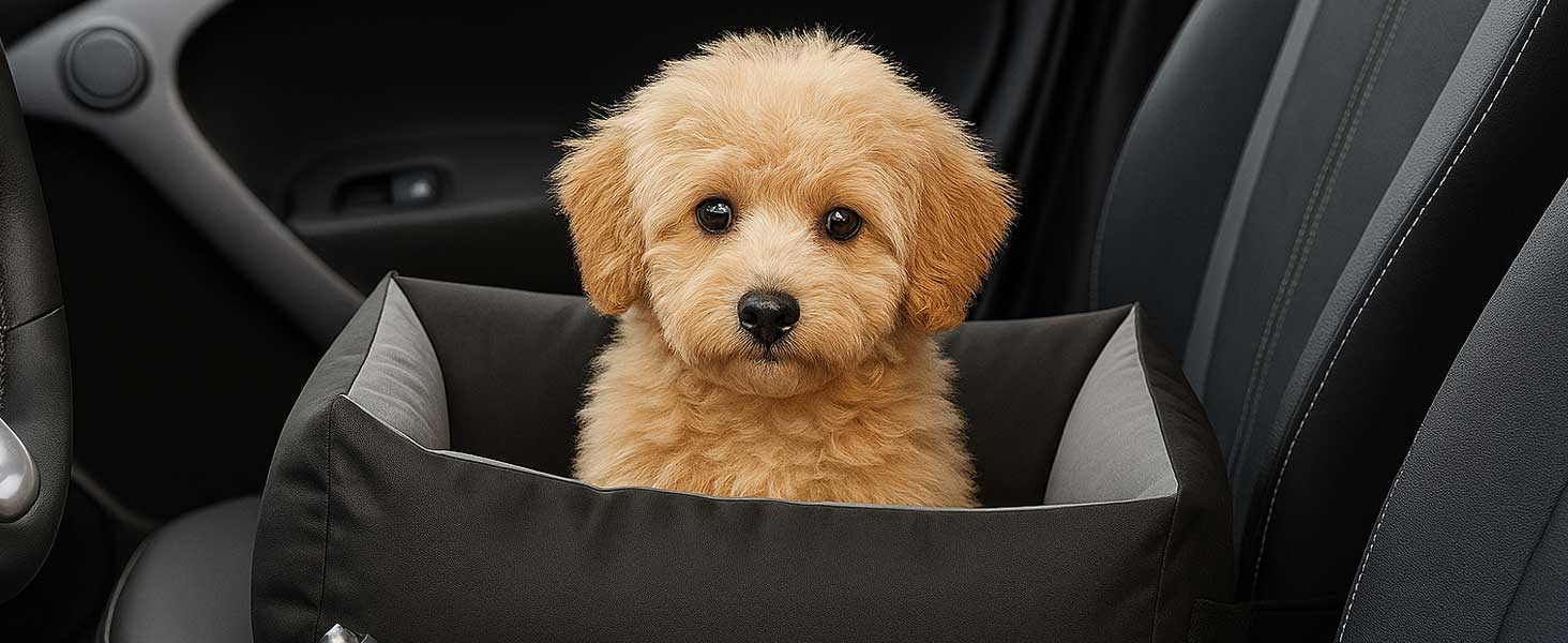 KING DOG Автокрісло для собак до 8 кг. Транспортна переноска для автомобіля з кріпленням на ремінь безпеки та м'яким килимком. Складається, легко миється. Підходить для SUV та легкових автомобілів (55 x 55 см, чорно-сірий)