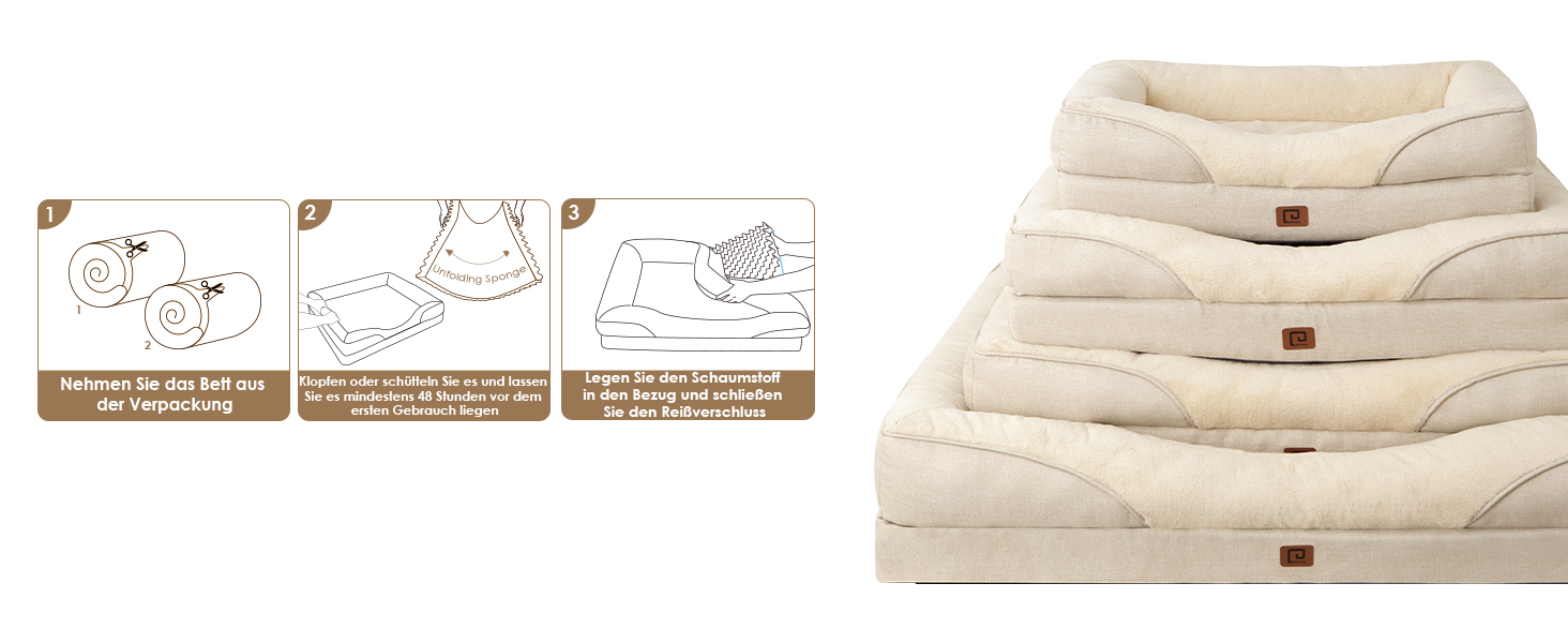 Ортопедичне ліжко для собак середніх порід EHEYCIGA, 91x68x17.5 см, Memory Foam, водонепроникне, з бортиками, антиковзаюче, бежеве