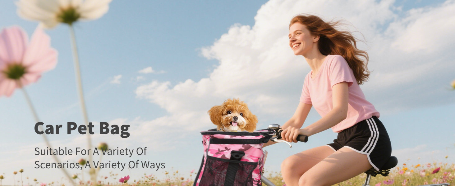 PETCUTE Фарбований велосипедний кошик для собак та котів, дихаючий, з світловідбиваючими смугами, камуфляж рожевий