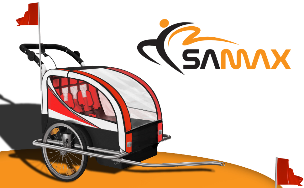 SAMAX Fahrradanhänger Jogger 2in1: Дитячий велопричіп-коляска 2в1, обертання 360°, для 2 дітей, червоний, сірий фрейм