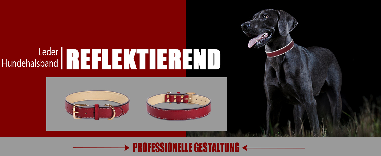 Нашийник для собак з червоної шкіри - якісний, м'який, з відбиваючими елементами та золотистою блискавкою для собак малих, середніх та великих порід