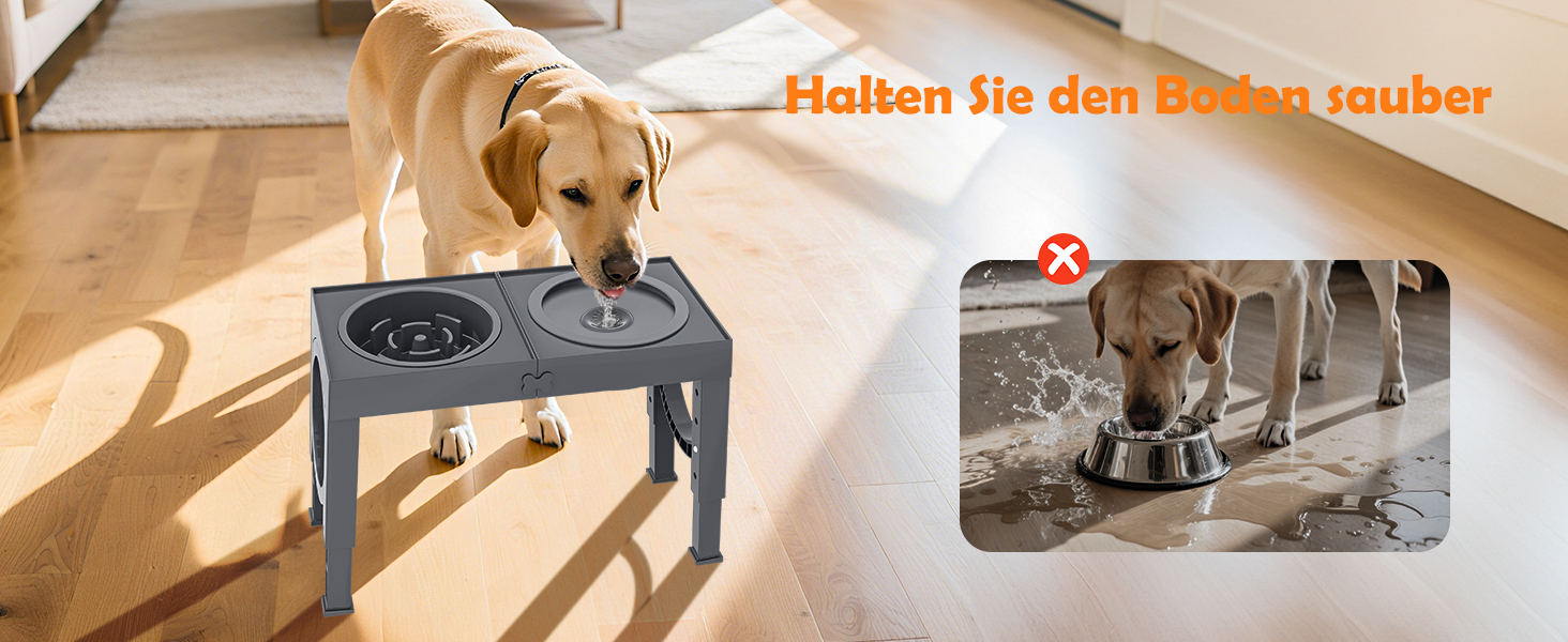 Набір мисок для собак X-BEN 3-в-1: миска для води з захистом від пролиття 1.4L, миска від захлипування 1L, годівниця з 5 рівнями регулювання висоти, для середніх та великих собак, антиковзаюча, сіра