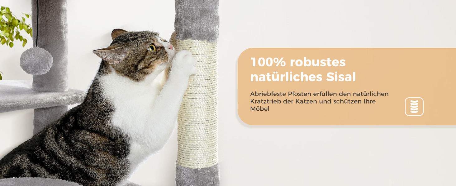 PAWZ Road Драбина-кіготь для великих котів, 184 см, сіра, з сизалевим покриттям, 2 стійки, будиночок та кошик