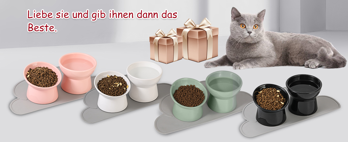 Набір мисок для котів з підняттям, кераміка, 3 шт. з антиковзною підкладкою, великі миски для їжі та води, білий