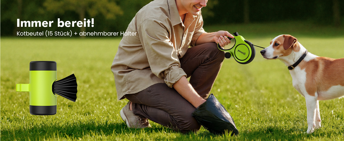 Рулетка для собак Pecute 8м, бічна, з набором для збору відходів, 10-50 кг, зелена