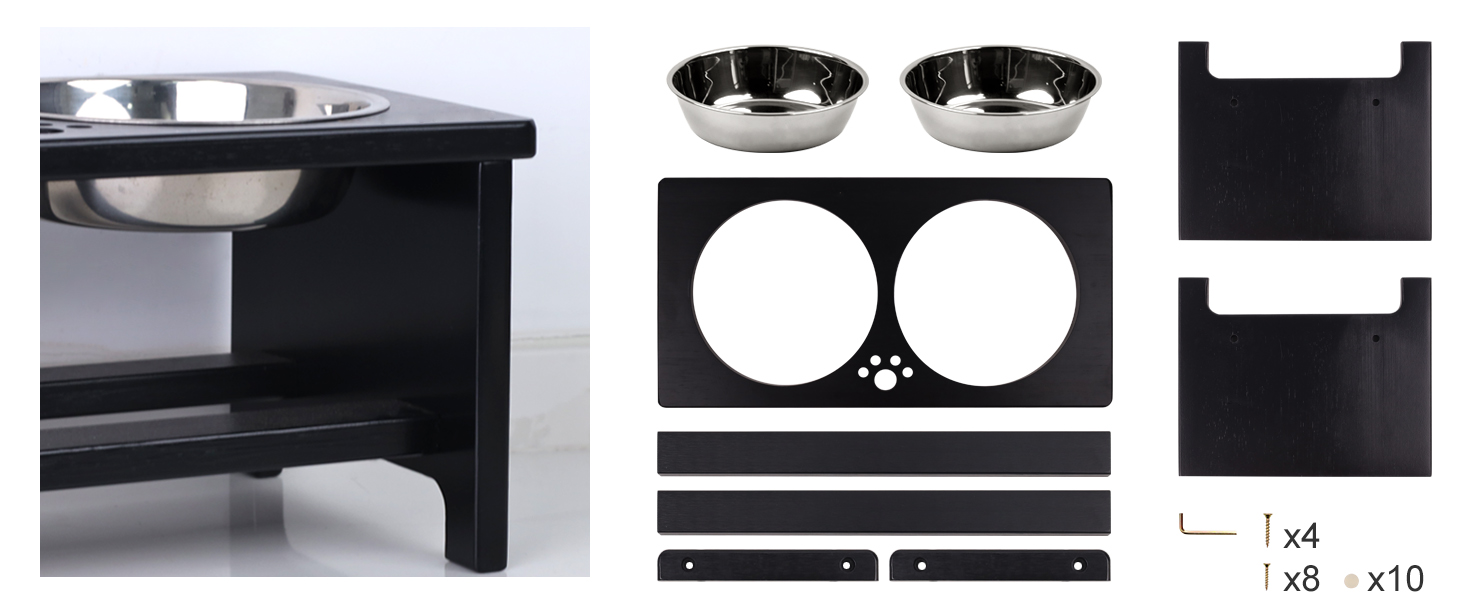 Підвищені годівниці для собак HTB, бамбук, з 2 мисками з нержавіючої сталі, 44x24x18 см, 18 см висота, чорний колір