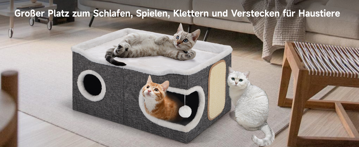 Шика Будинок-печеринка для котів, великий закритий будиночок для котів, 61T*45B*32H см, двоярусний куб для котів, XXL печеринка для котів з когтеточкою та іграшкою, будиночок-печеринка для маленьких та середніх тварин, великий, сірий