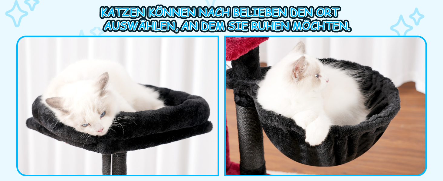 Котячий будиночок Hey-brother Kratzbaum 108 см: багатоповерховий котячий будиночок з подряпувальними стовпами, кошиком, просторим будиночком та іграшкою-помпоном, червоно-чорний MPJ007SBR