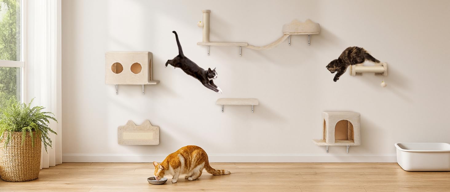 Комплекс для котів BYBYME з гамаком, ліжком та полицями, 6шт. Міцні меблі для котів з плюшевою стійкою, когтеточкою та сизалевими стовпчиками (Бежевий)