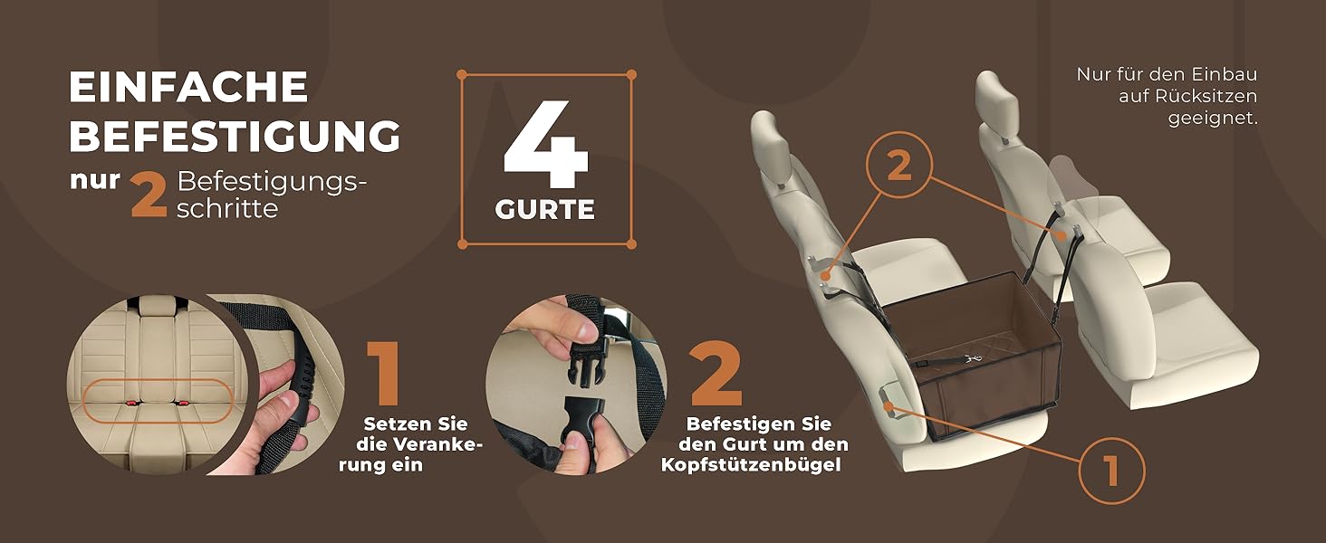 Автомобільний сидіння для собак WUGLO Extra Stable - посилене, для маленьких та середніх собак, 4 ремені, водонепроникне, коричневе