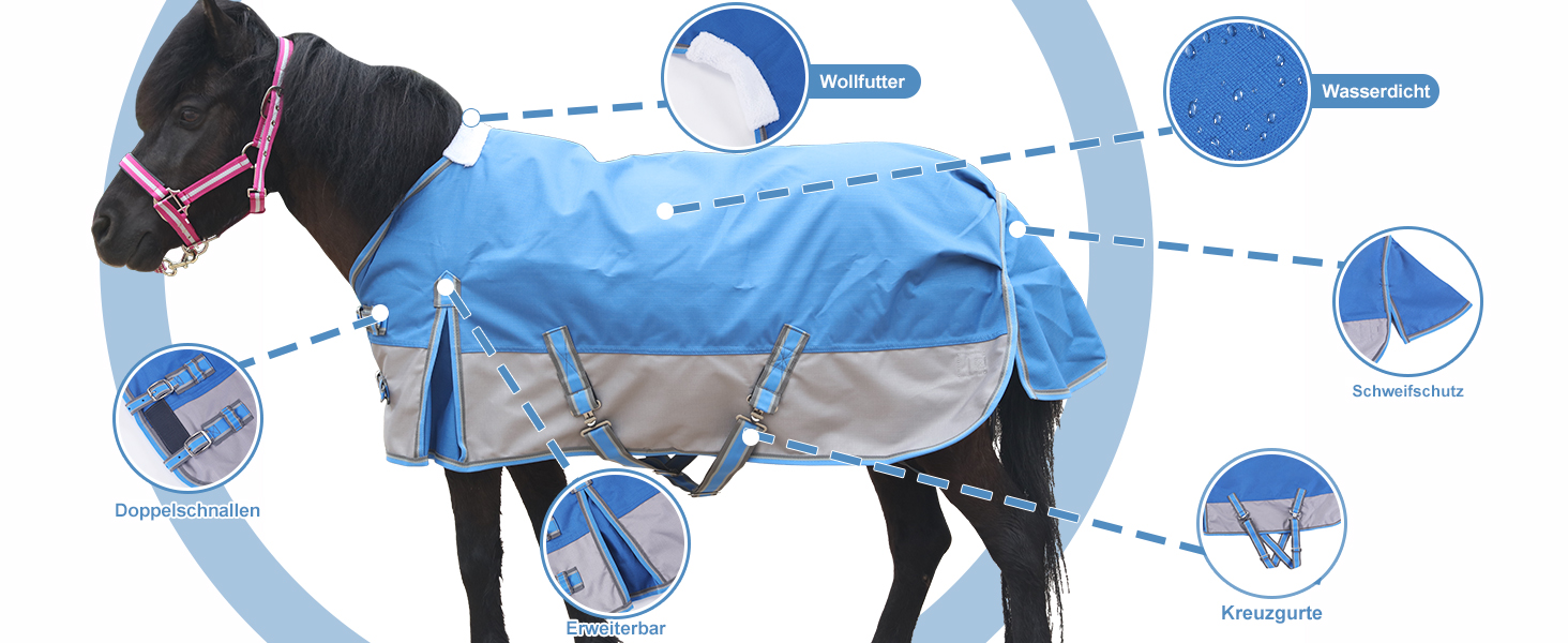 Водонепроникна дихаюча попона-дощовик для поні та міні-коней 1200D без підкладки, королівський синій, 80 см