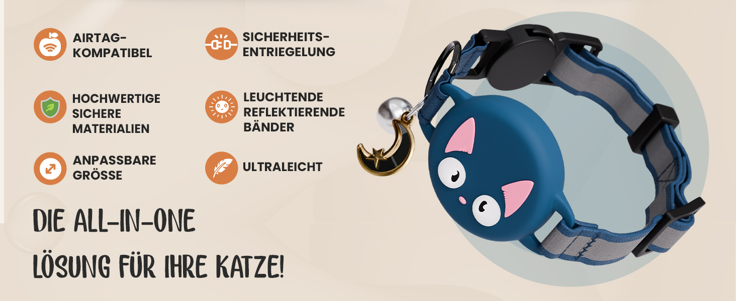 Нашийник для котів KittyTag з аксесуарами, сумісний з Apple Airtag, світловідбиваючий та світосвітний, GPS, захист від задушення, регульований (темно-синій)